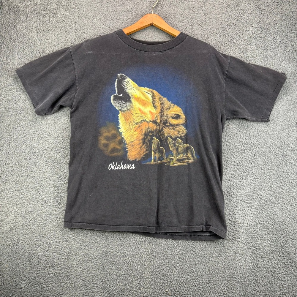 Vintage Eagle‎ Products Oklahoma Wolf Graphic T-Shirt Mens Large Black USA Made